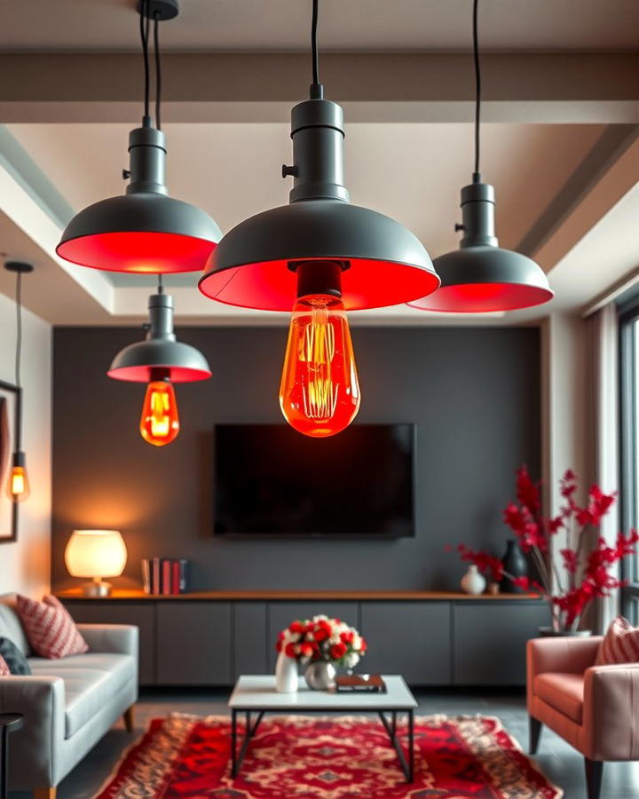 Grey Lighting Fixtures with Red Bulbs - 25 Red and Grey Living Room Ideas