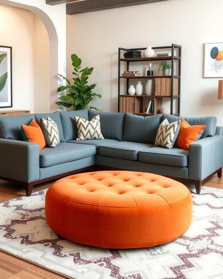 Grey Sectional Sofa with Orange Ottoman - 25 Orange and Grey Living Room Ideas