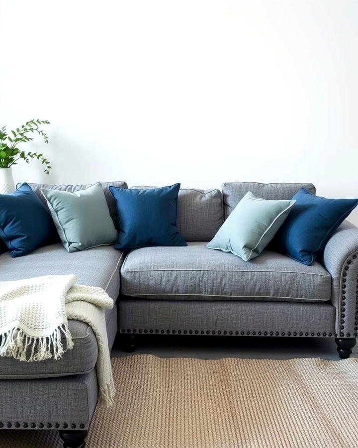 Grey Sectional with Blue Cushions - 30 Blue and Grey Living Room Ideas