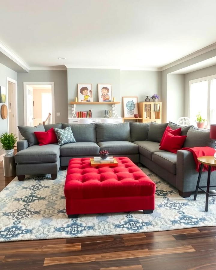 Grey Sectional with Red Ottoman - 25 Red and Grey Living Room Ideas