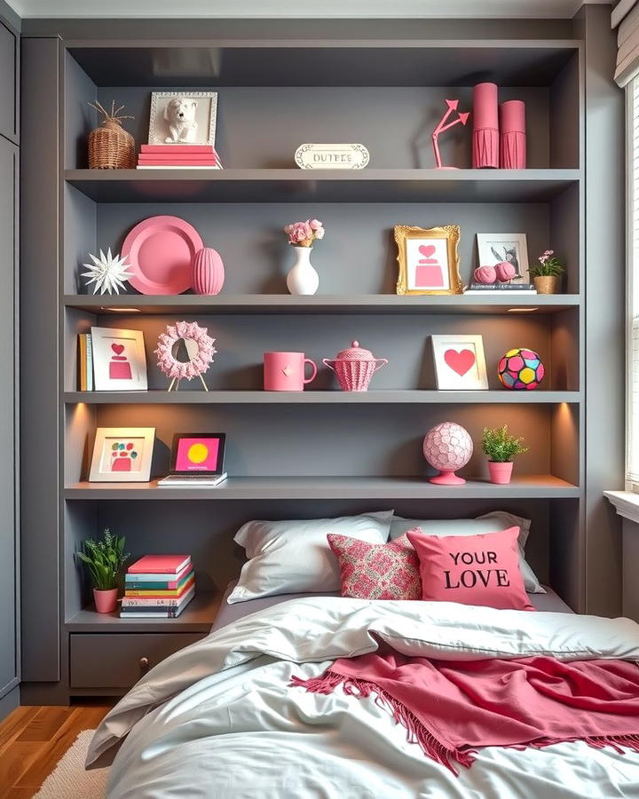 Grey Shelves with Pink Decor - 25 Pink and Grey Bedroom Ideas