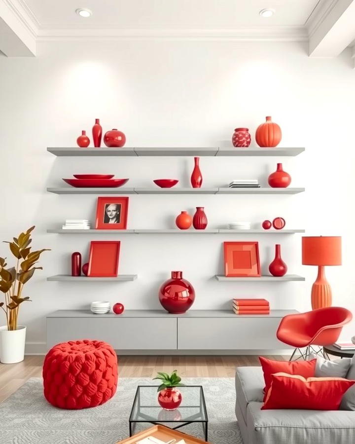 Grey Shelves with Red Decor - 25 Red and Grey Living Room Ideas