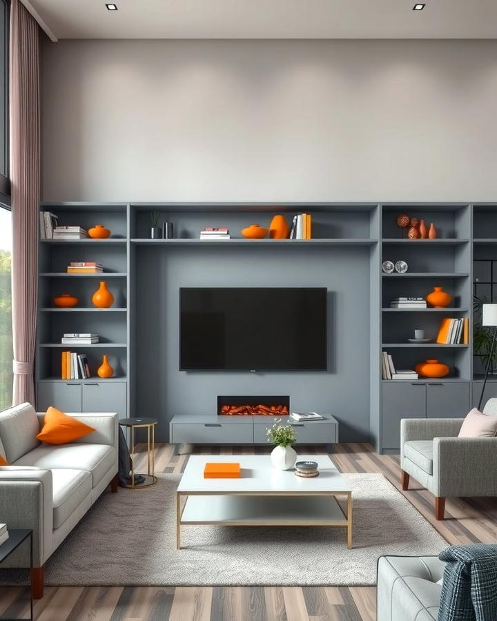 Grey Shelving Units with Orange Decor - 25 Orange and Grey Living Room Ideas