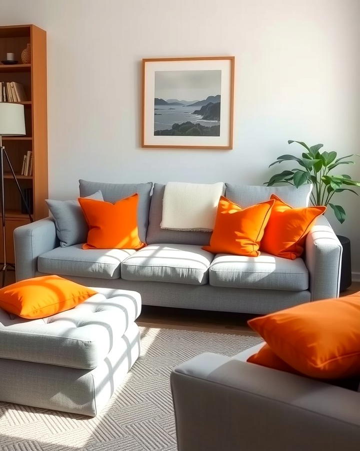 Grey Sofas with Orange Throw Pillows - 25 Orange and Grey Living Room Ideas