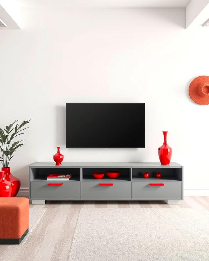 Grey TV Stand with Red Accents - 25 Red and Grey Living Room Ideas