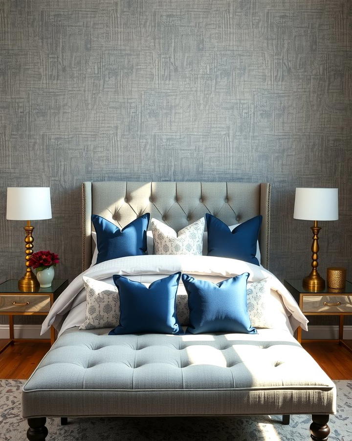 Grey Textured Wallpaper with Navy Accessories - 25 Navy Blue and Grey Bedroom Ideas