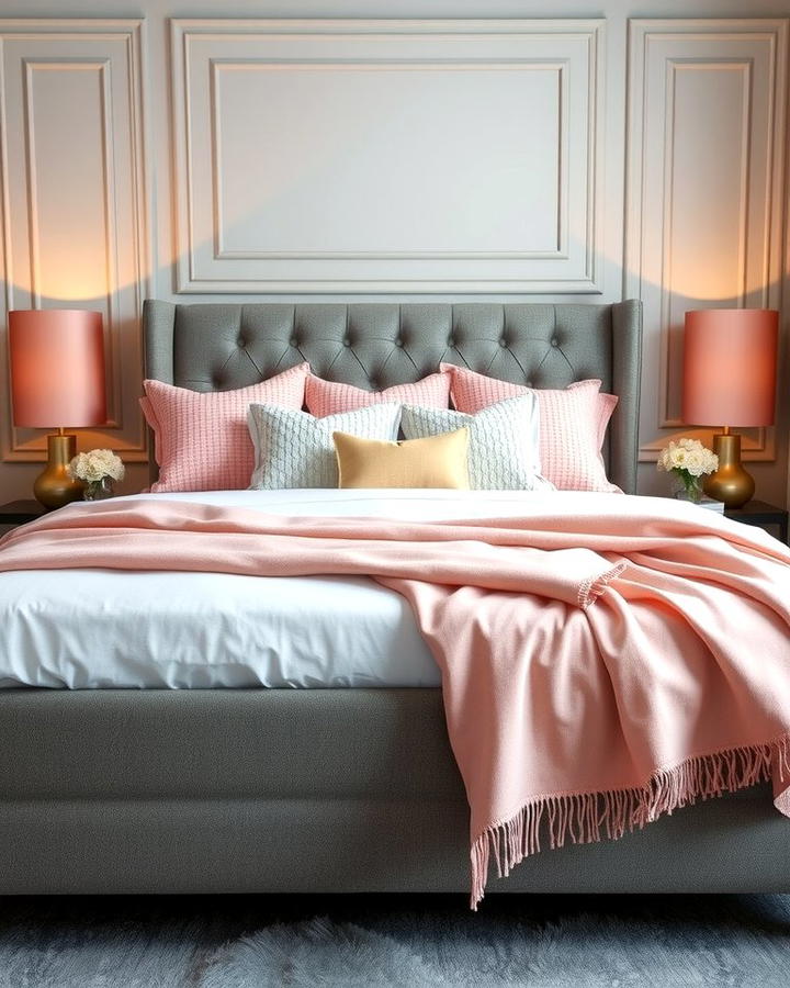 Grey Upholstered Bed with Pink Accessories - 25 Pink and Grey Bedroom Ideas