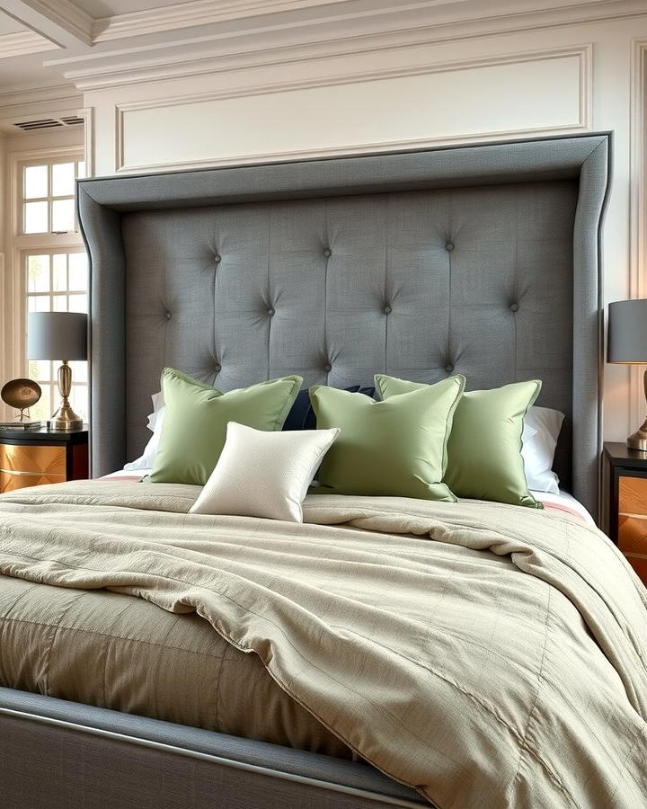 Grey Upholstered Bed with Sage Green Linens - 25 Sage Green and Grey Bedroom Ideas