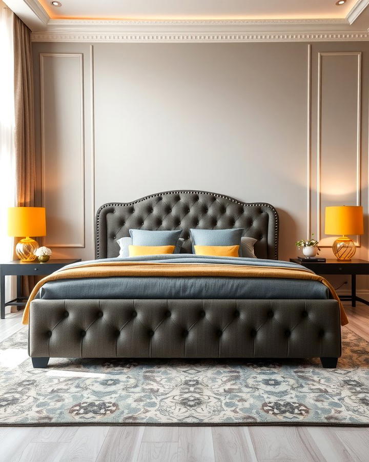 Grey Upholstered Bed with Yellow Lamps - 25 Yellow and Grey Bedroom Ideas
