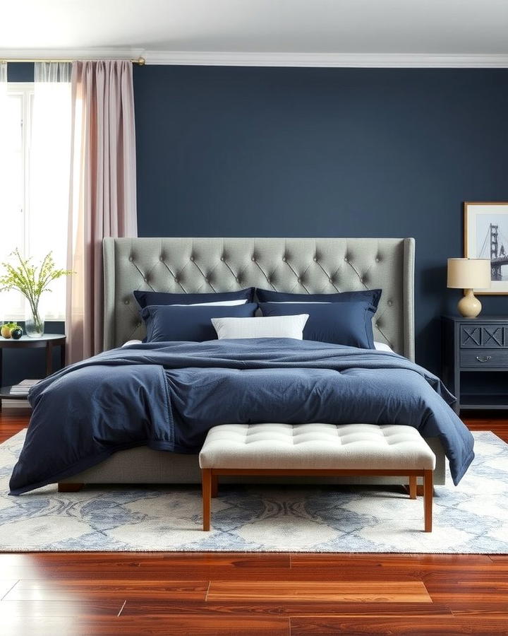 Grey Upholstered Headboard - 25 Navy Blue and Grey Bedroom Ideas