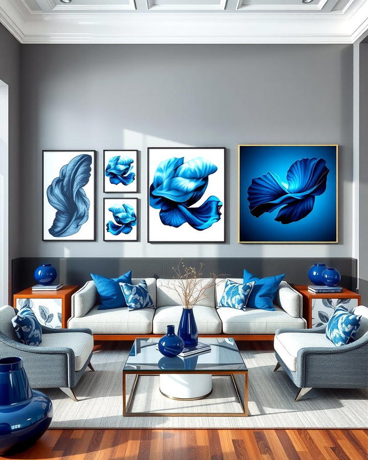 Grey Walls with Blue Artwork - 30 Blue and Grey Living Room Ideas