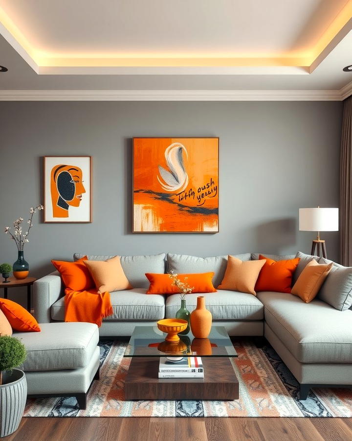 Grey Walls with Orange Artwork - 25 Orange and Grey Living Room Ideas