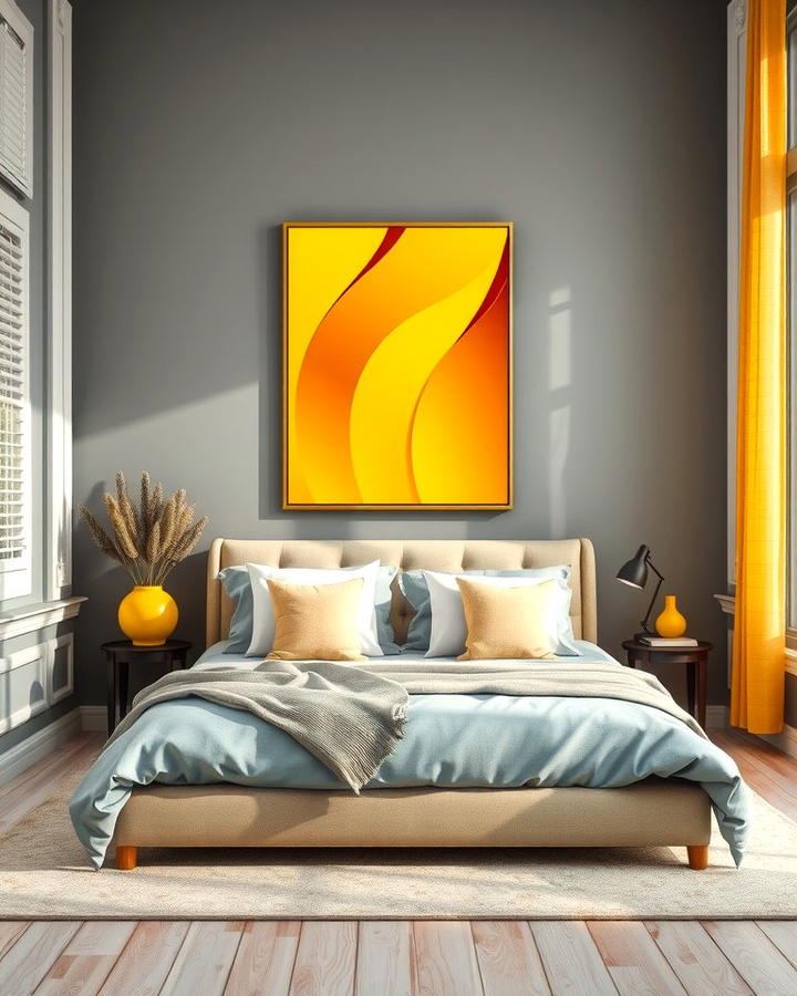Grey Walls with Yellow Artwork - 25 Yellow and Grey Bedroom Ideas