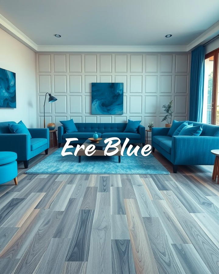 Grey Wooden Flooring with Blue Accents - 30 Blue and Grey Living Room Ideas