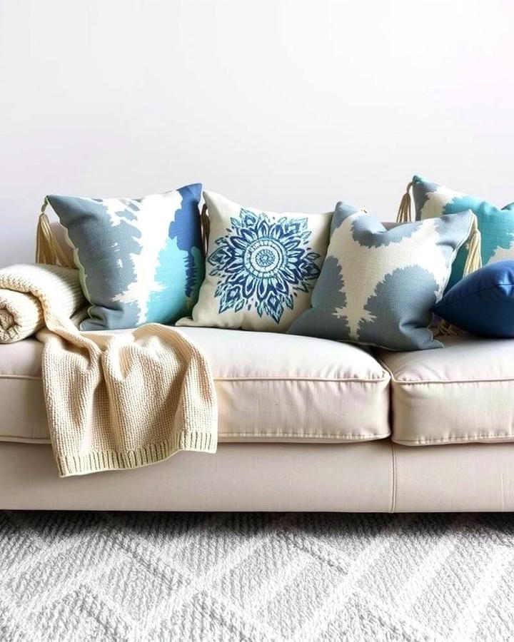 Grey and Blue Abstract Throw Pillows - 30 Blue and Grey Living Room Ideas