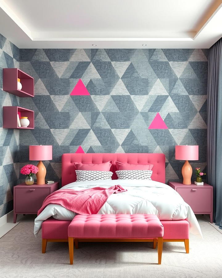 Grey and Pink Geometric Wallpaper - 25 Pink and Grey Bedroom Ideas