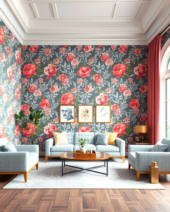 Grey and Pink Patterned Wallpaper - 25 Pink and Grey Living Room Ideas