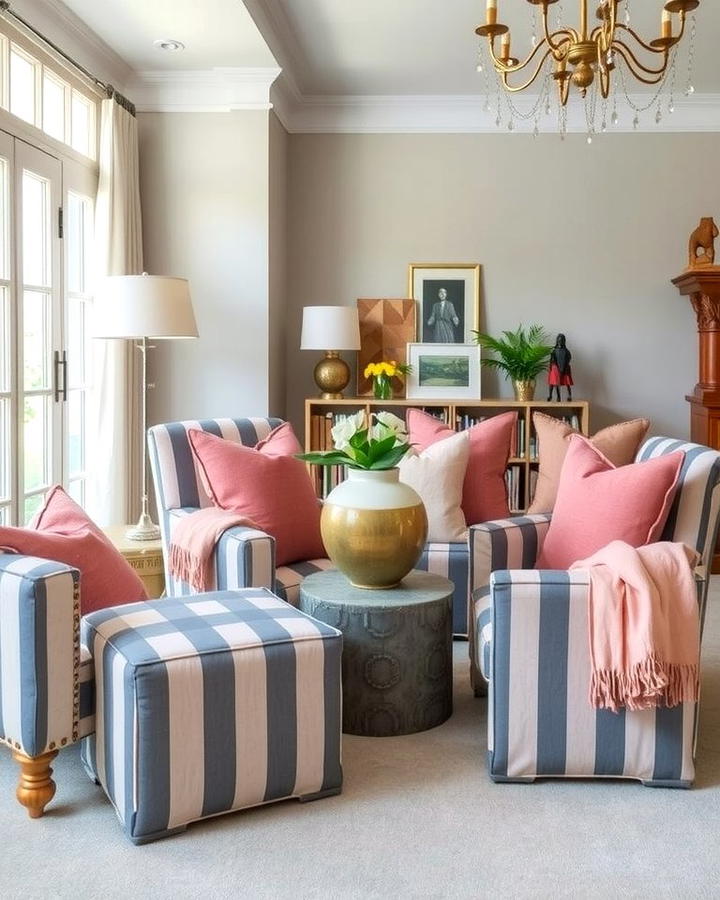 Grey and Pink Striped Upholstery - 25 Pink and Grey Living Room Ideas