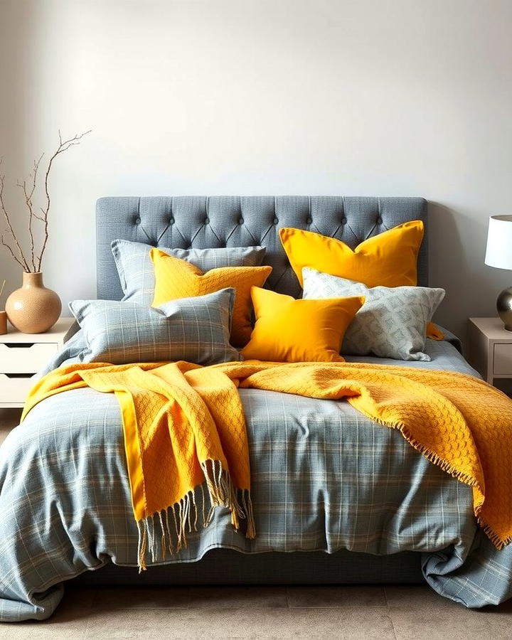 Grey and Yellow Bedding Layers - 25 Yellow and Grey Bedroom Ideas