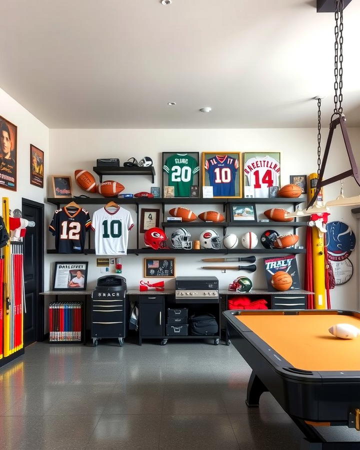 Hanging Sports Memorabilia for a Thematic Look - 30 Garage Game Room Ideas