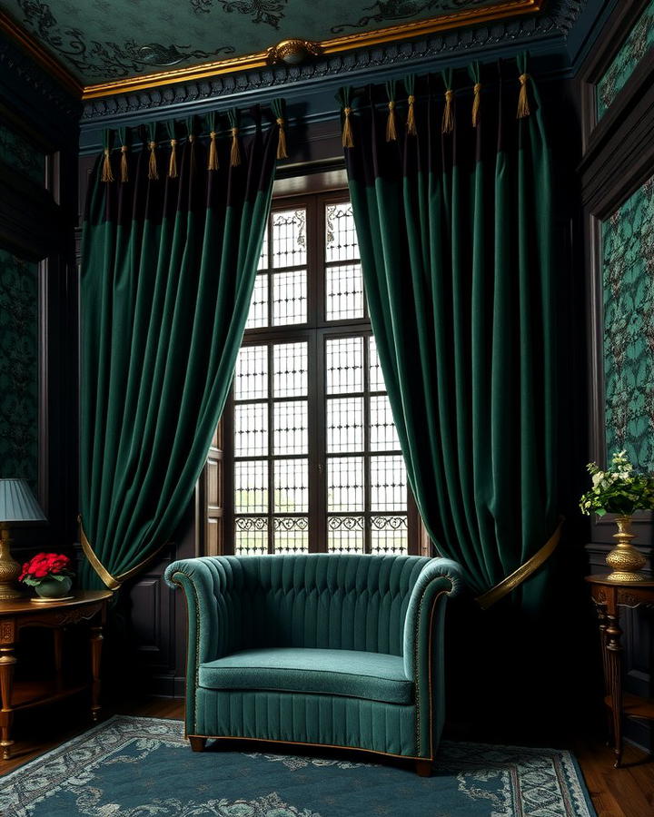 Heavy Velvet Curtains - 25 Victorian Dark Green Living Room Ideas