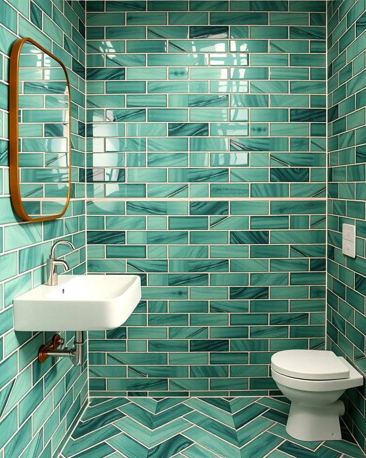 Herringbone Green Tile Layout - 30 Green Tile Bathroom Ideas