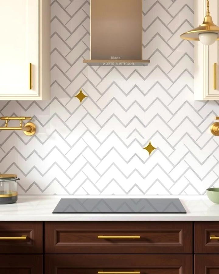 Herringbone Pattern with Gold Accents - 25 White and Gold Kitchen Backsplash Ideas