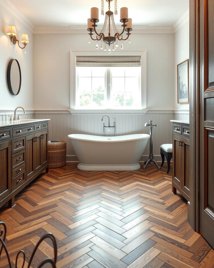 Herringbone Patterns for Timeless Elegance - 30 Ideas for Wood Floors in Bathrooms