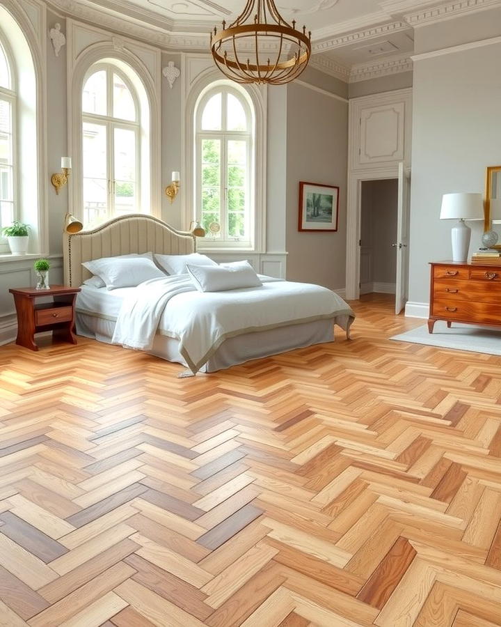 Herringbone Wood Flooring for Visual Interest - 30 Bedroom Flooring Ideas