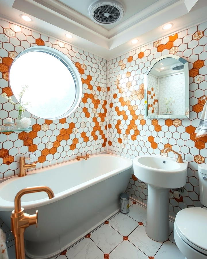 Hexagon Tiles with Metallic Accents - 30 Bathrooms With Hexagon Tile Floors