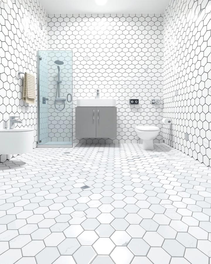 Hexagonal Mosaic Tiles - 30 White Tile Bathroom Ideas