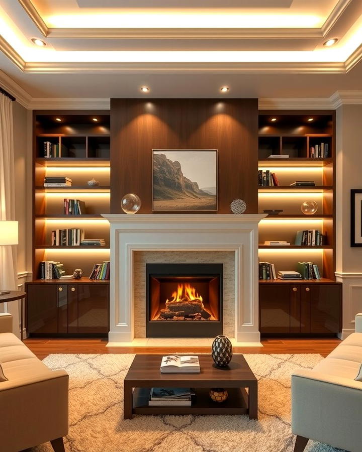 Hidden Lighting for Ambiance - 30 Fireplace With Bookshelves