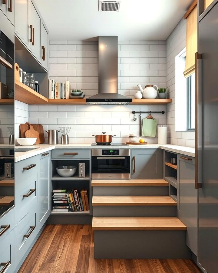 Hidden Storage Under Steps - 30 Split Level Kitchen Design Ideas