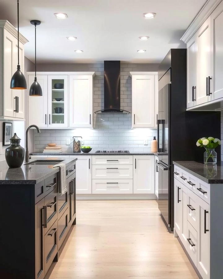 High Contrast Drama with White Cabinets and Charcoal Grey Island - 25 White Kitchen Cabinets With Grey Island Ideas