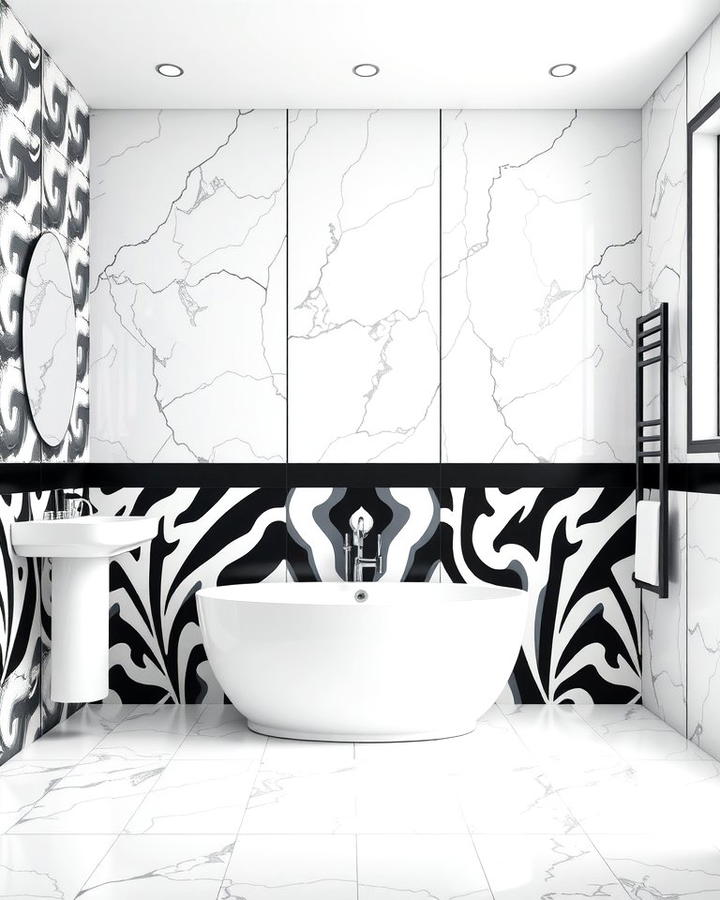 High Contrast Feature Wall - 30 Black and White Bathroom Tile Ideas