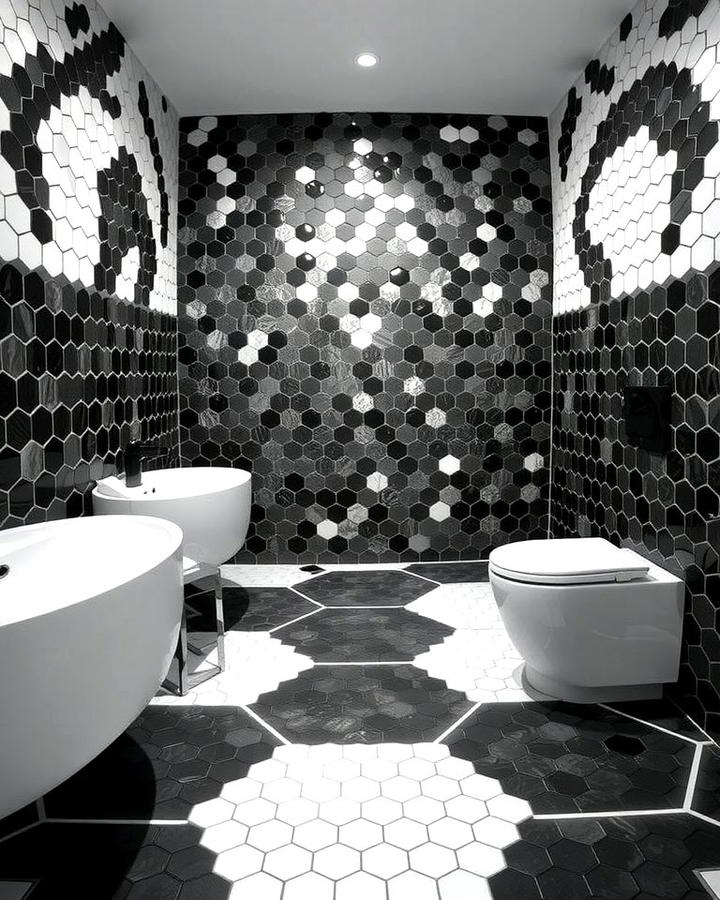 High Contrast Penny Tiles - 25 Penny Tile Bathroom Floor Ideas