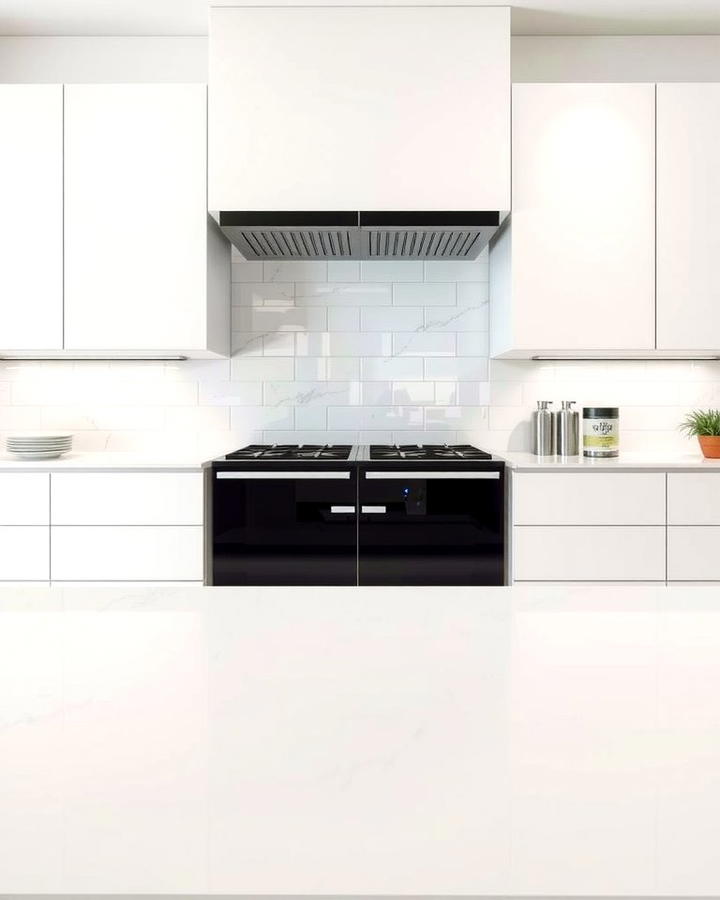 High Gloss White Cabinets with Black Oven Range - 30 White Kitchen with Black Appliances Ideas