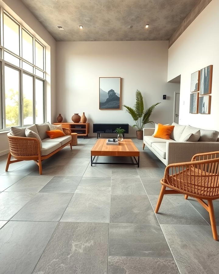 Highlight Natural Stone Flooring - 25 Organic Modern Living Room Design Ideas