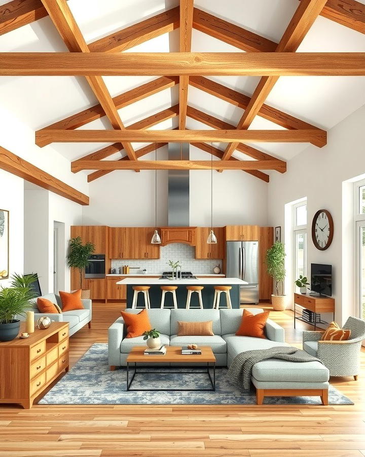 Highlighting with Ceiling Beams - 25 Open Kitchen Living Room Ideas