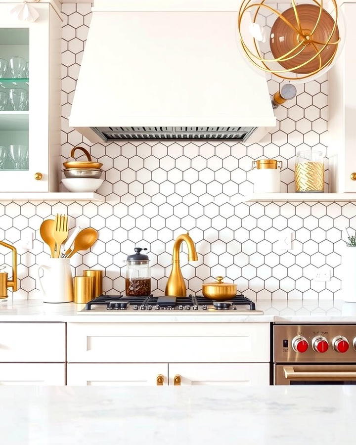 Honeycomb White and Gold Tiles - 25 White and Gold Kitchen Backsplash Ideas