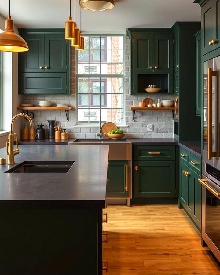 Hunter Green Cabinets with Black Stainless Steel Counters - 30 Green Kitchen Cabinets With Black Countertops