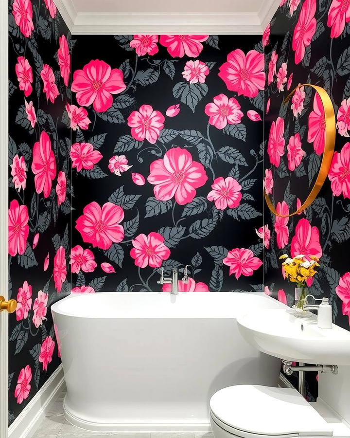 Incorporate Black and Pink Wallpaper - 25 Pink and Black Bathroom Ideas