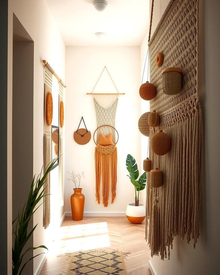 Incorporate Woven Wall Hangings - 30 Boho Hallway Ideas