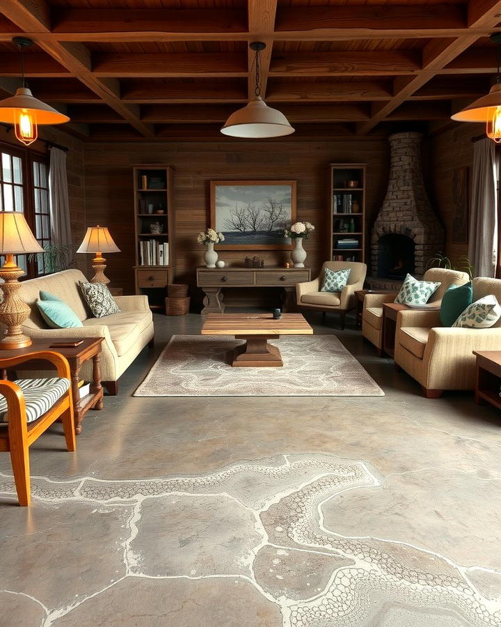 Incorporating Acid Etched Concrete for Unique Patterns - 25 Rustic Concrete Floor Living Room Ideas