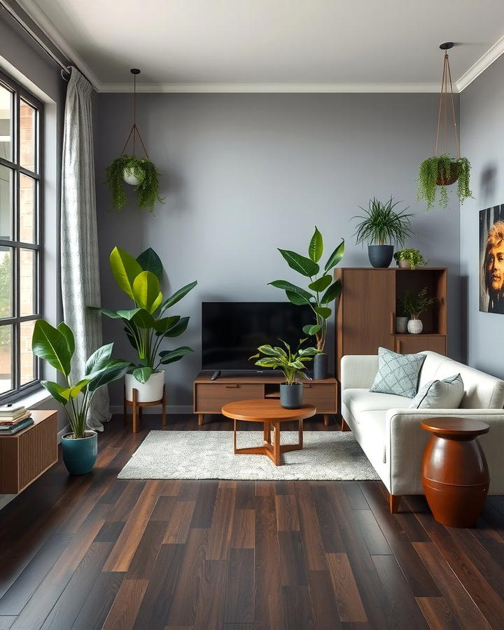 Incorporating Indoor Plants - 30 Grey Living Room With Dark Wood Floors