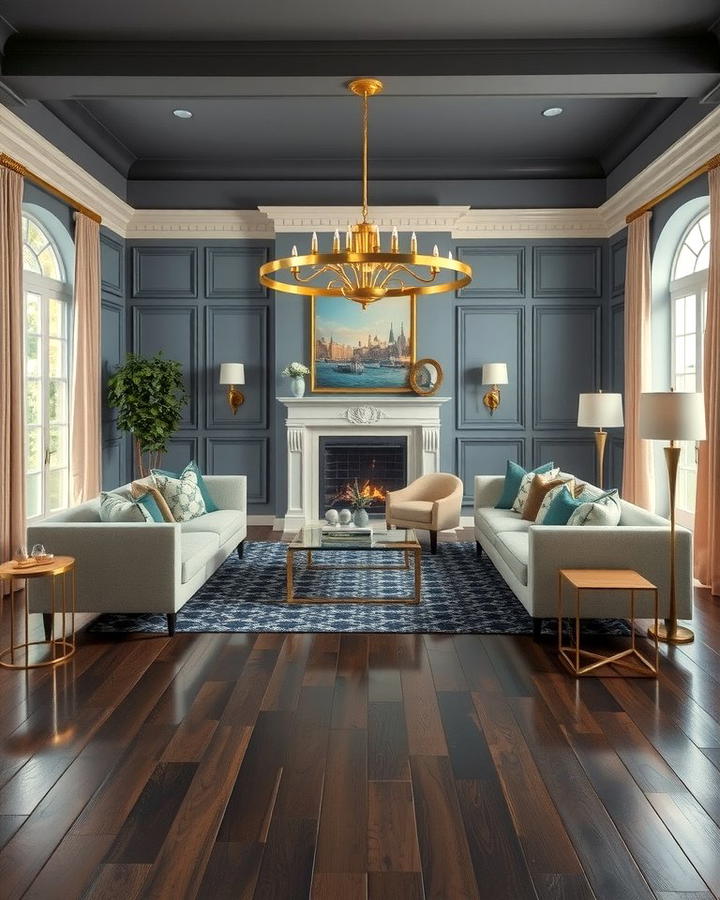 Incorporating Metallic Accents - 30 Grey Living Room With Dark Wood Floors