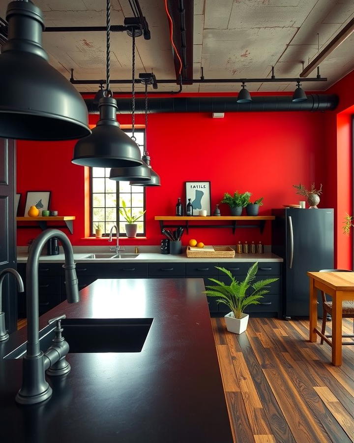 Industrial Black Fixtures with Red Walls - 25 red and black kitchen ideas