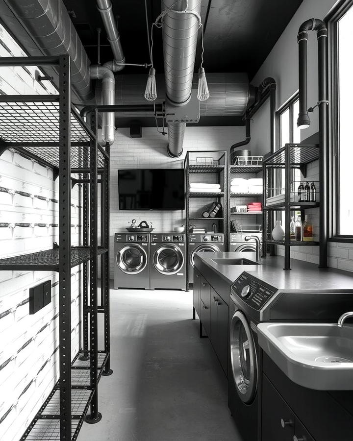 Industrial Black Metal Racks for Utility - 30 black laundry room ideas