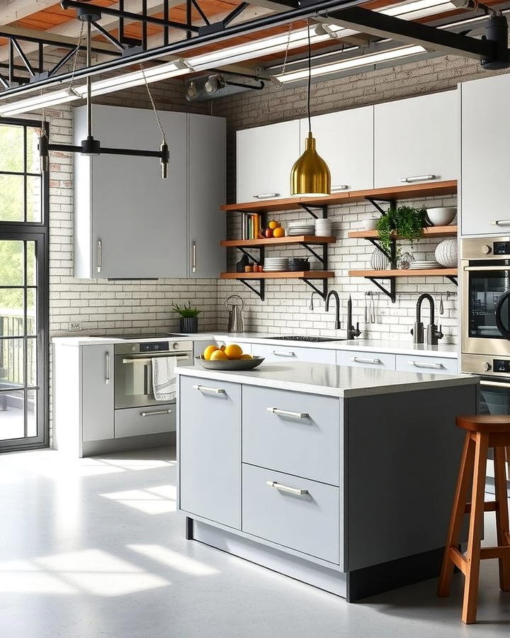 Industrial Chic with Metallic Accents - 25 White Kitchen Cabinets With Grey Island Ideas