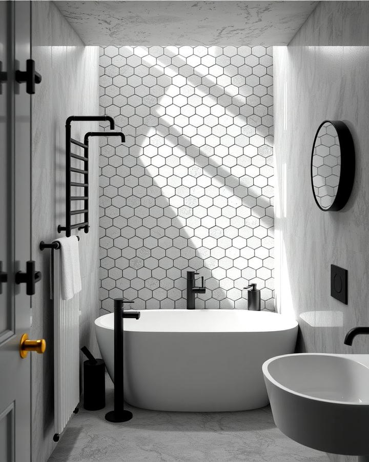 Industrial Edge with Concrete Look Hexagon Tiles - 30 Bathrooms With Hexagon Tile Floors